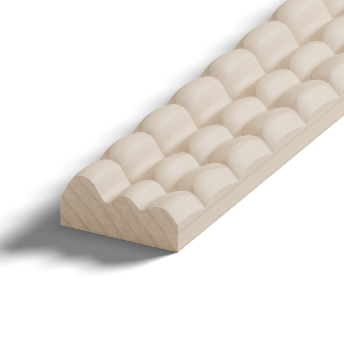 Ripple molding #202-37 in raw hard maple, 6 inch length, close-up of the end, showing the profile