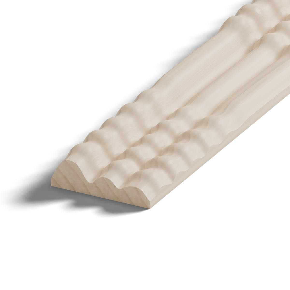 Ripple molding #202-70 in raw hard maple, 6 inch length, close-up of the end, showing the profile