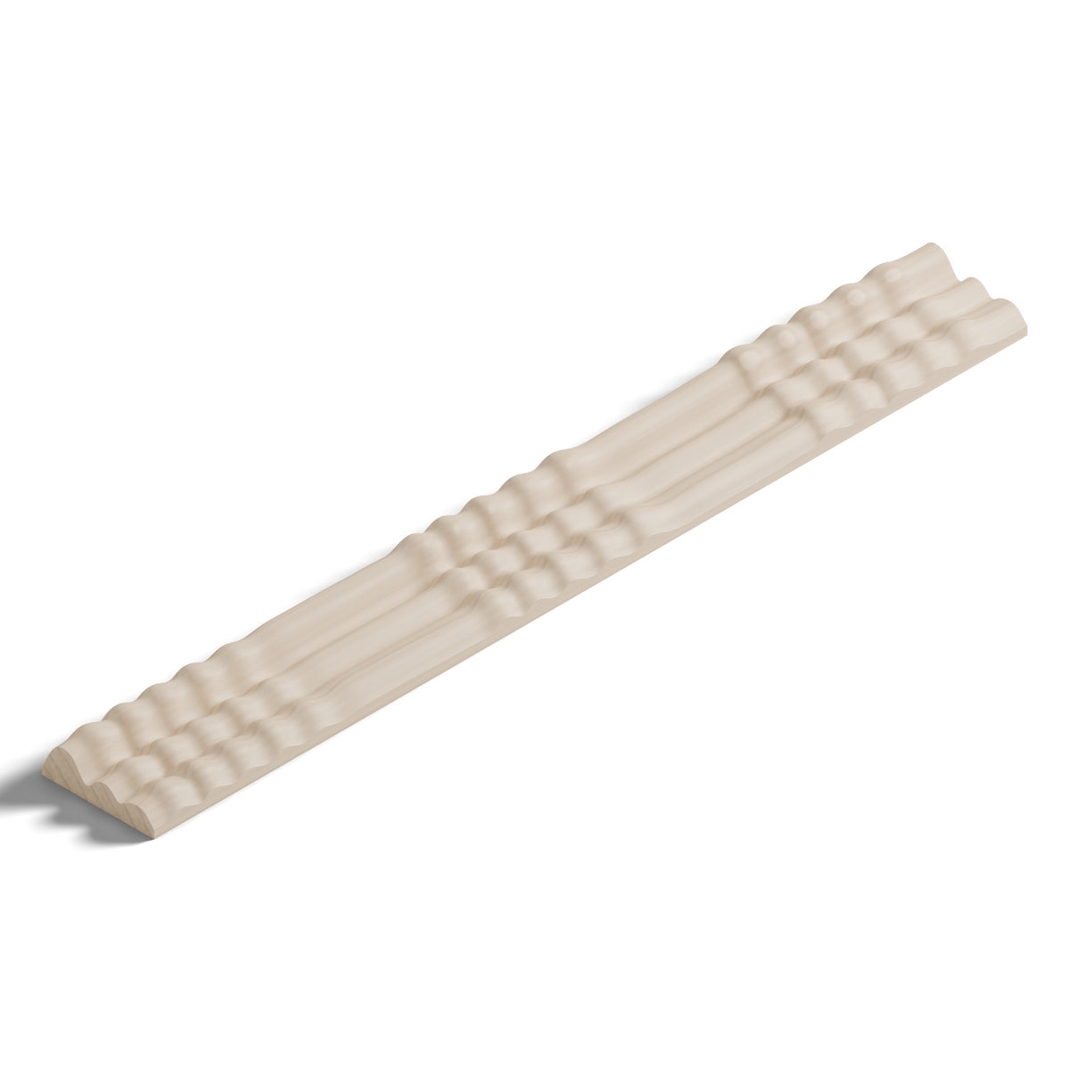 Ripple molding #202-70 in raw hard maple, 6 inch length, isometric view from the sight edge