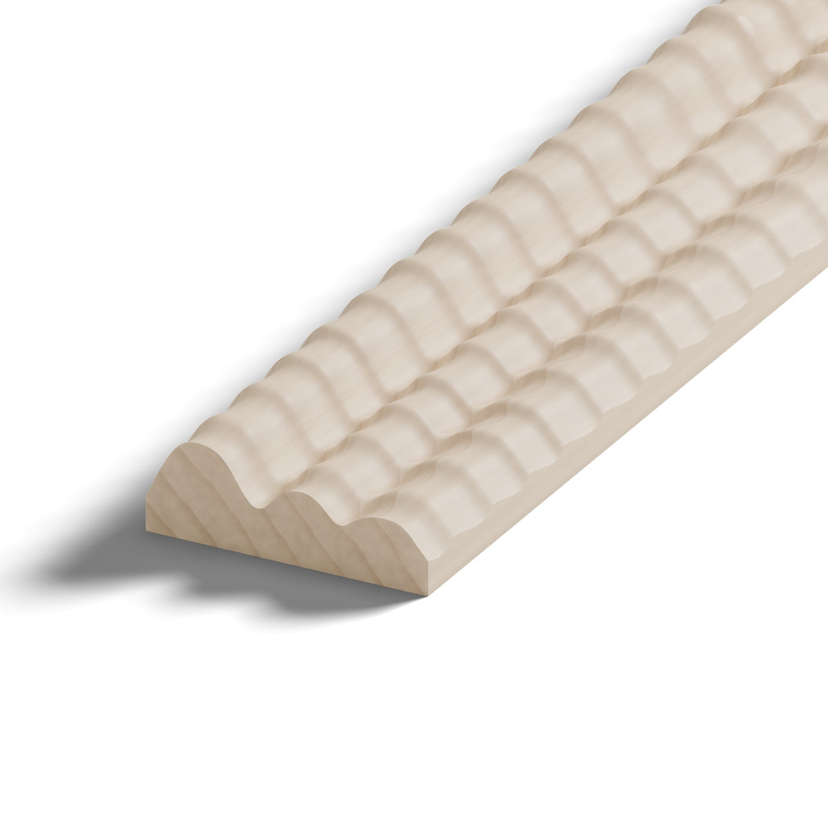 Ripple molding #202-71 in raw hard maple, 6 inch length, close-up of the end, showing the profile