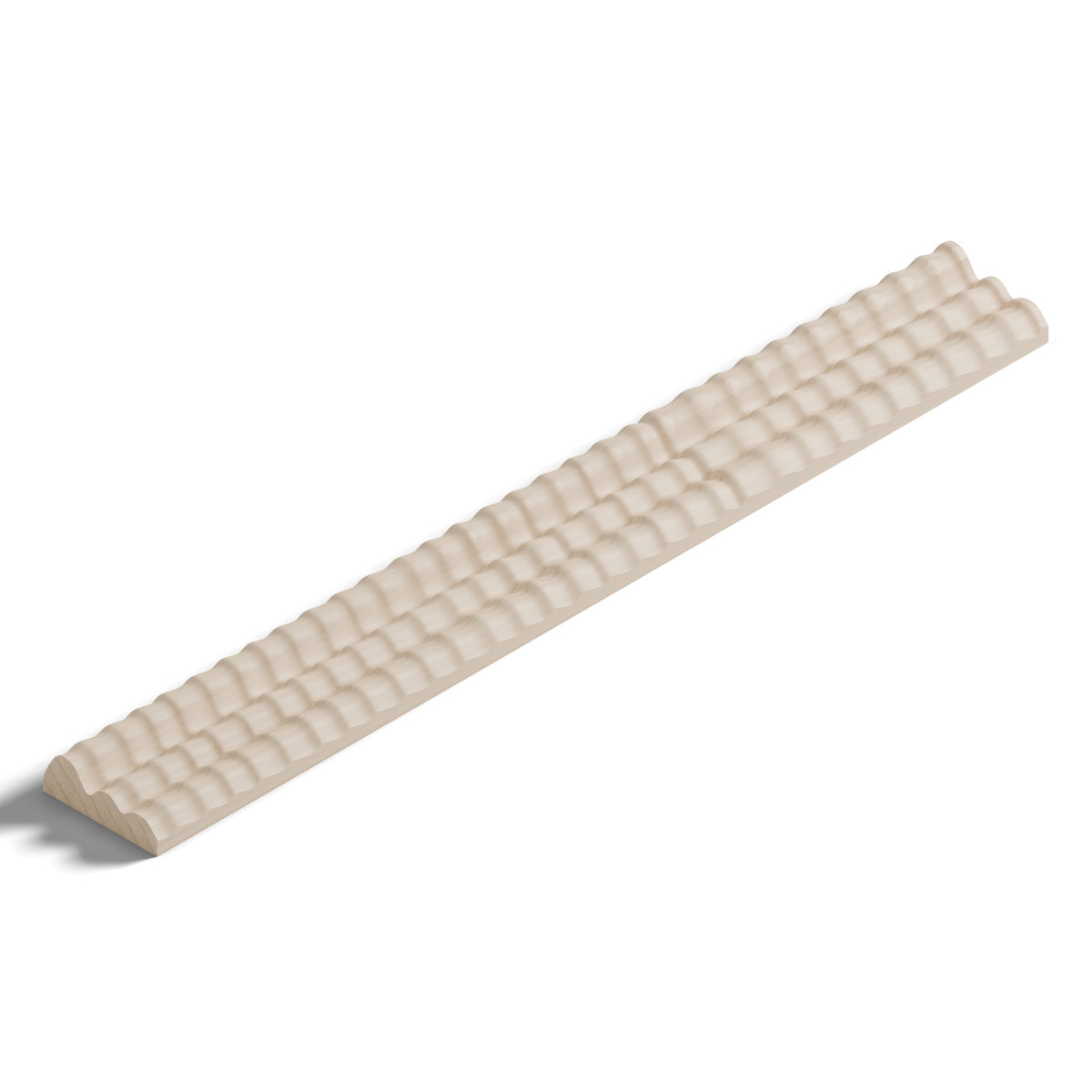Ripple molding #202-71 in raw hard maple, 6 inch length, isometric view from the sight edge