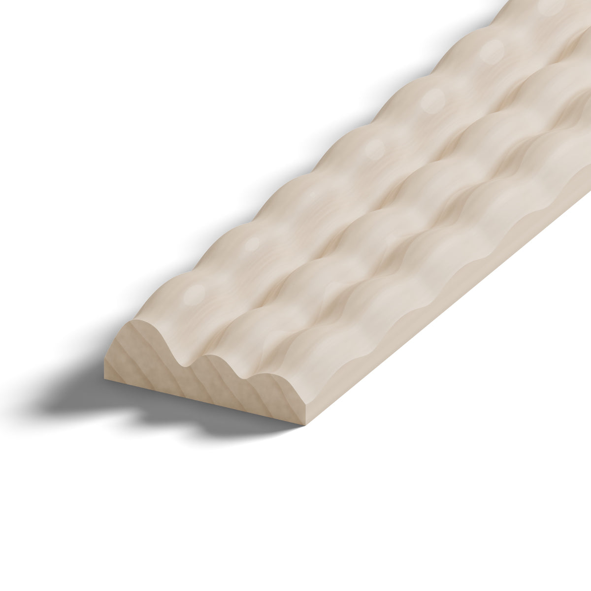 Ripple molding #202-74 in raw hard maple, 6 inch length, close-up of the end, showing the profile