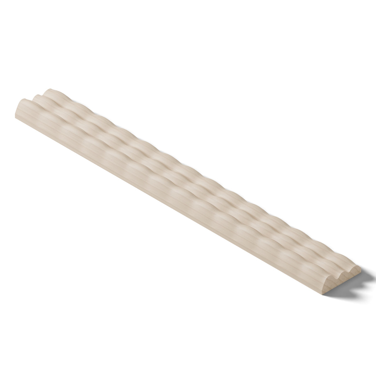Ripple molding #202-74 in raw hard maple, 6 inch length, isometric view from the back edge