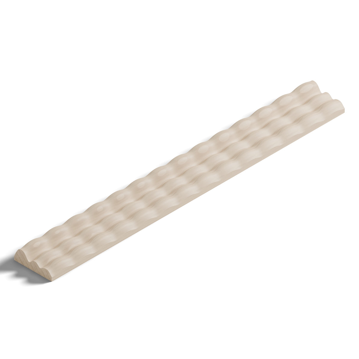 Ripple molding #202-74 in raw hard maple, 6 inch length, isometric view from the sight edge