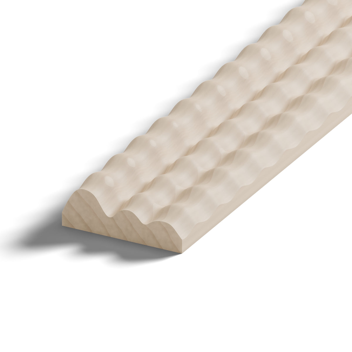 Ripple molding #202-76 in raw hard maple, 6 inch length, close-up of the end, showing the profile
