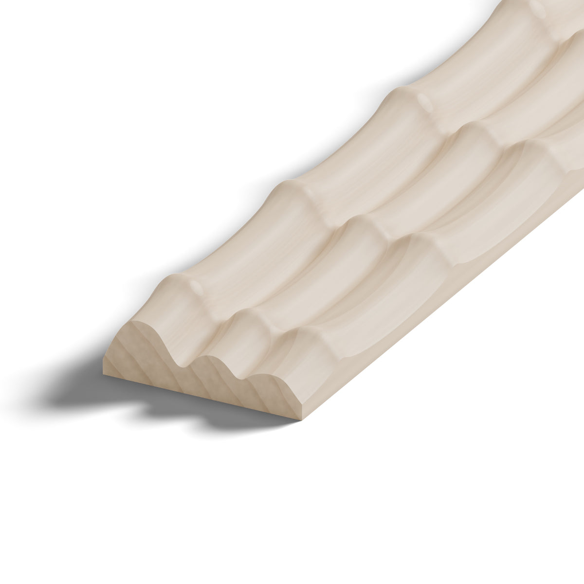 Ripple molding #202-93 in raw hard maple, 6 inch length, close-up of the end, showing the profile