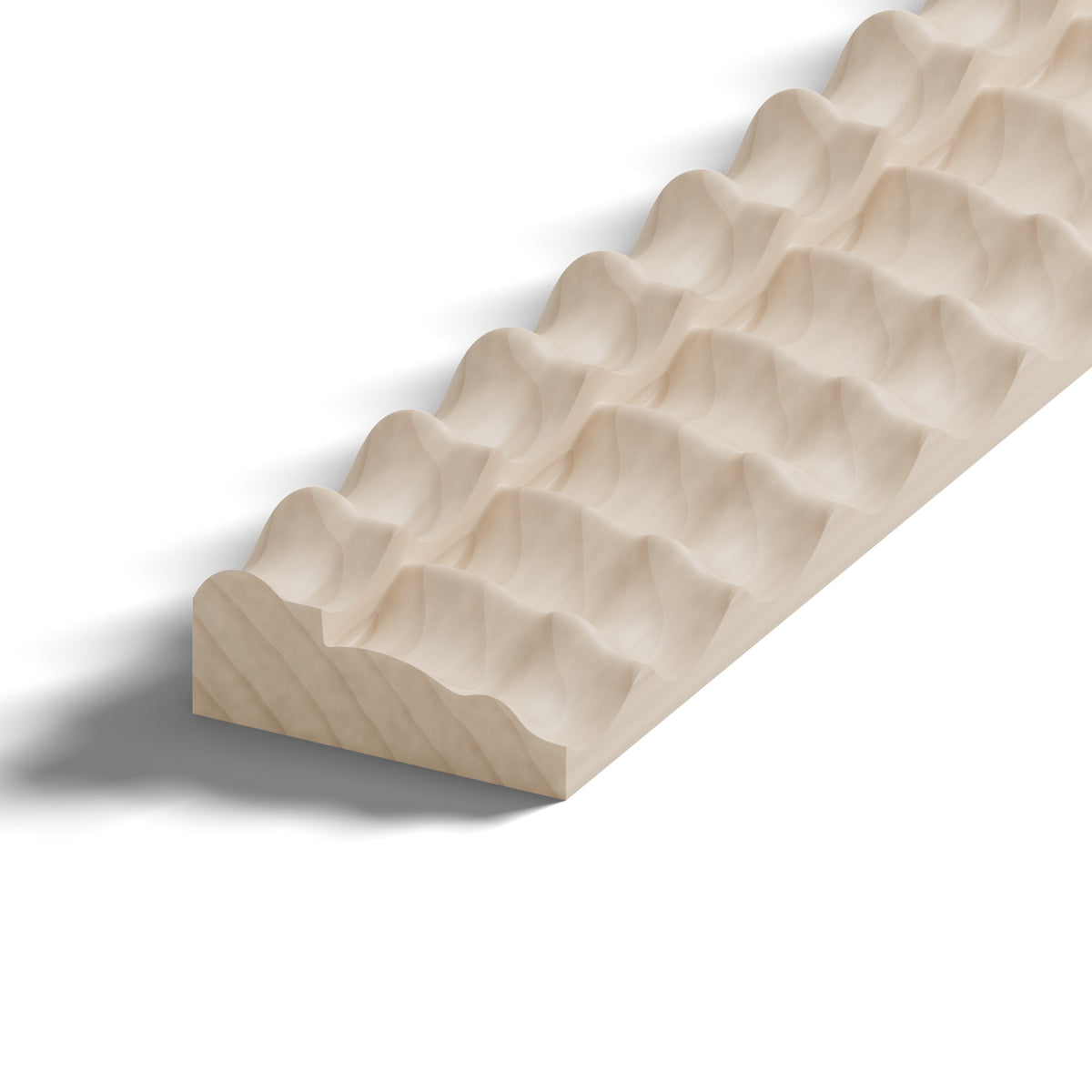 Ripple molding #212-1 in raw hard maple, close-up of the end, showing the profile