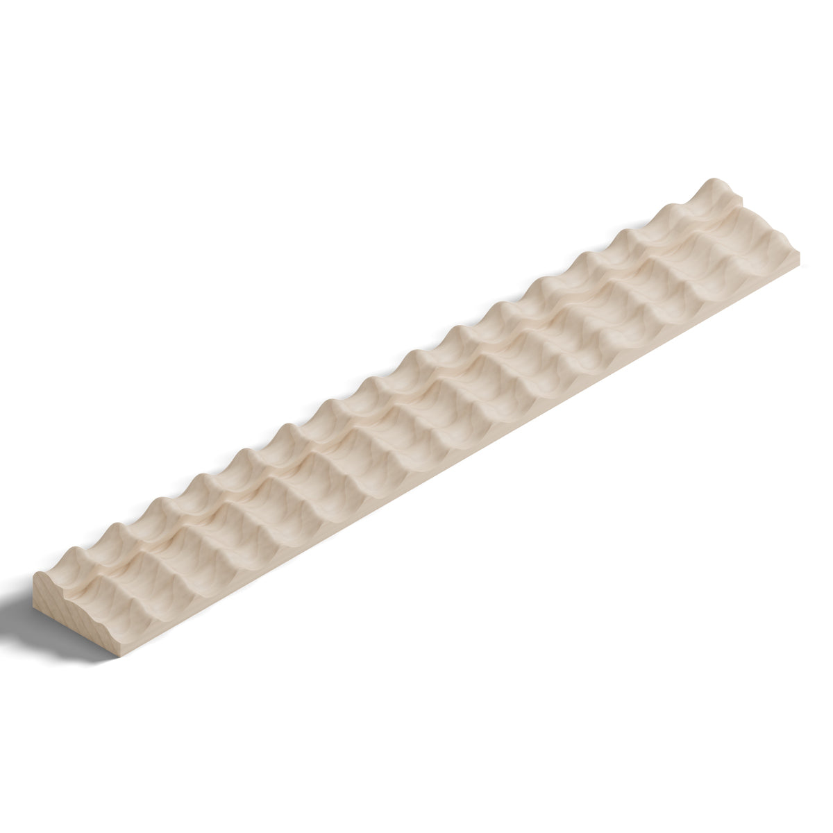 Ripple molding #212-1 in raw hard maple, isometric view from the sight edge