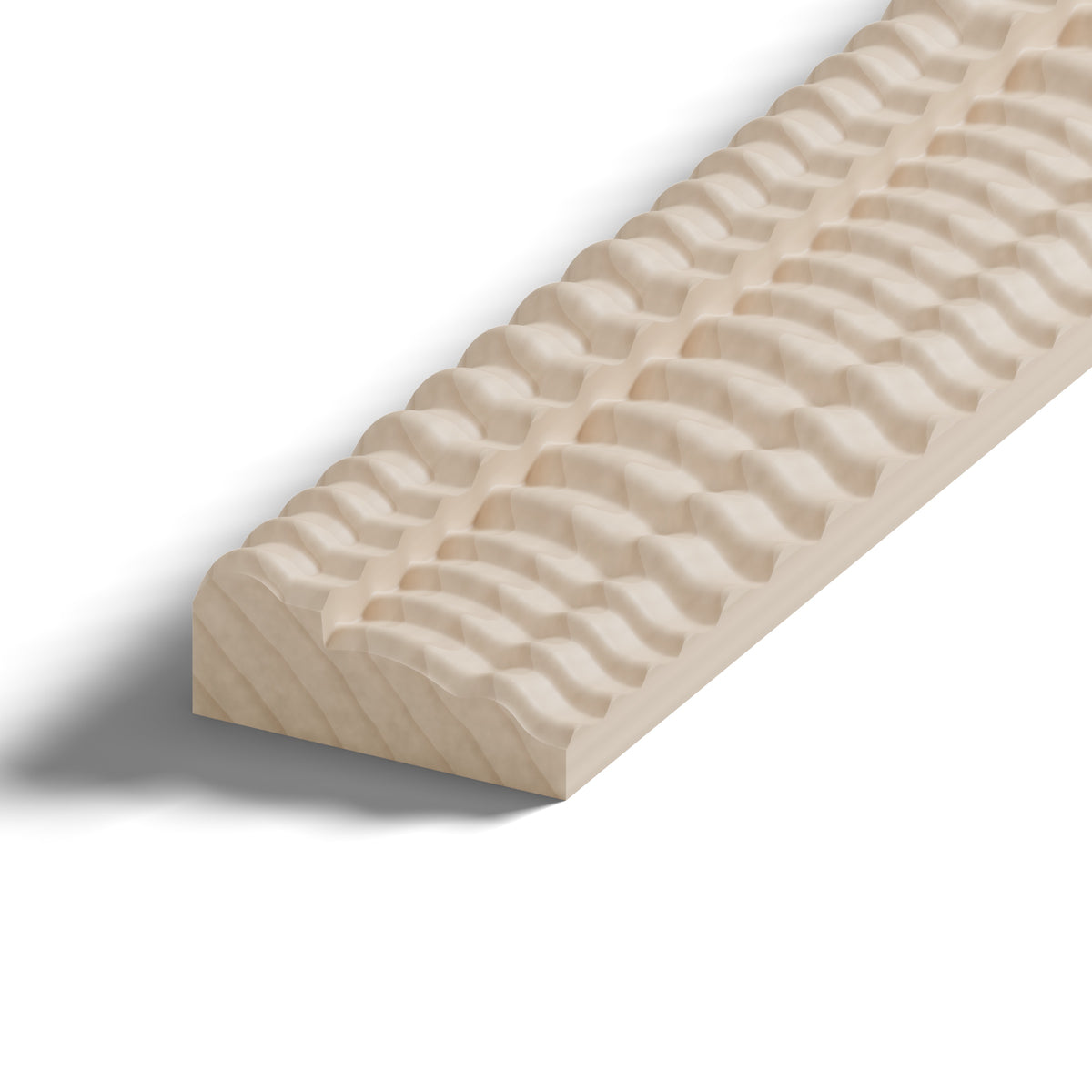 Ripple molding #212-11 in raw hard maple, close-up of the end, showing the profile