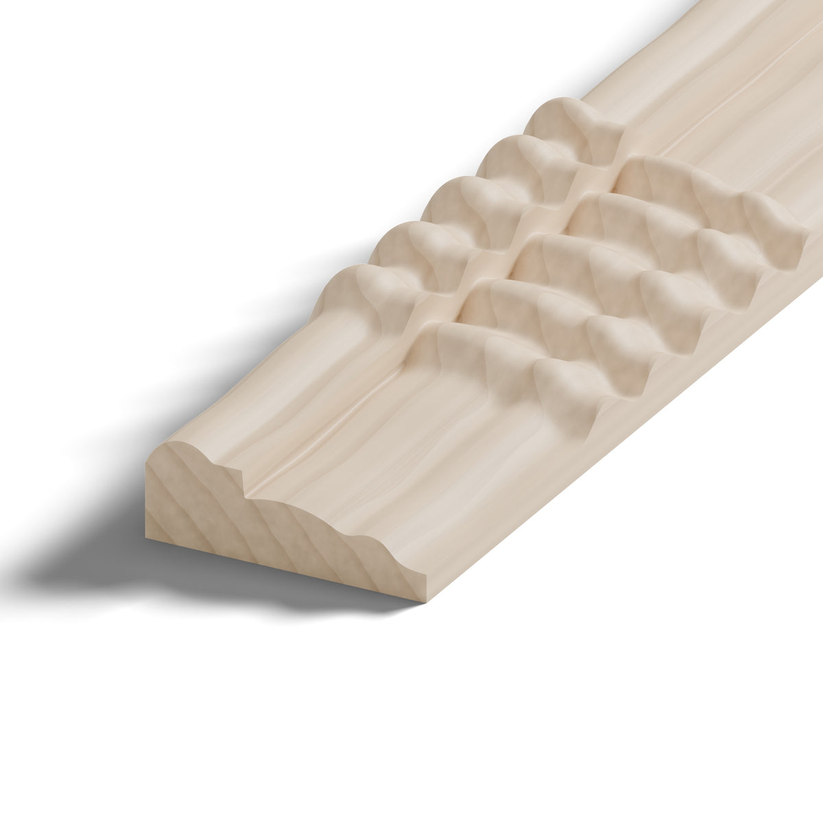 Ripple molding #212-21 in raw hard maple, close-up of the end, showing the profile
