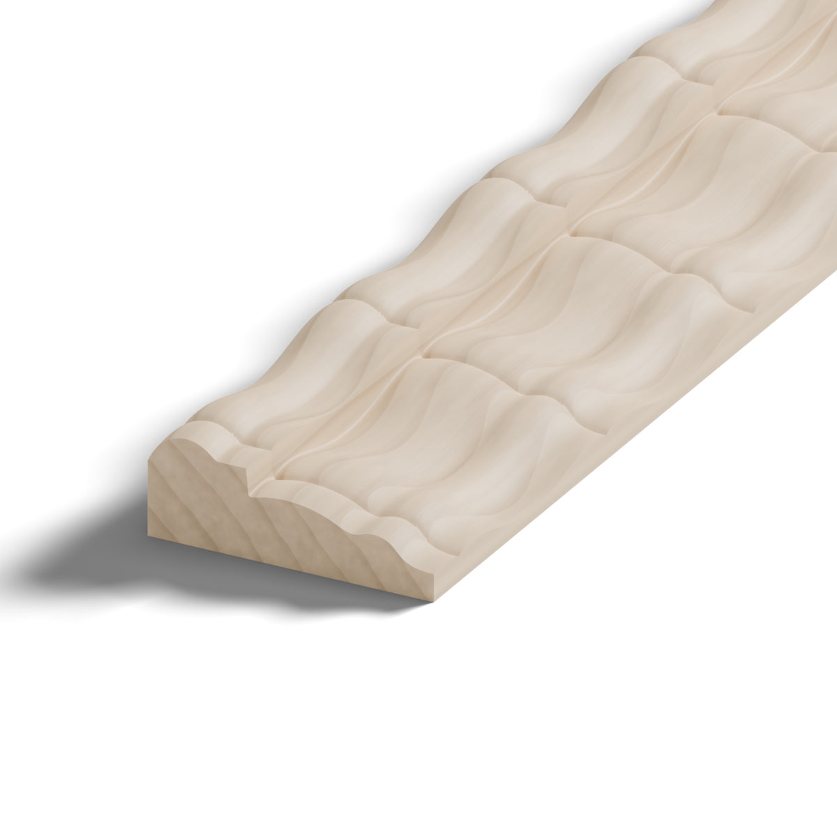 Ripple molding #212-23 in raw hard maple, close-up of the end, showing the profile