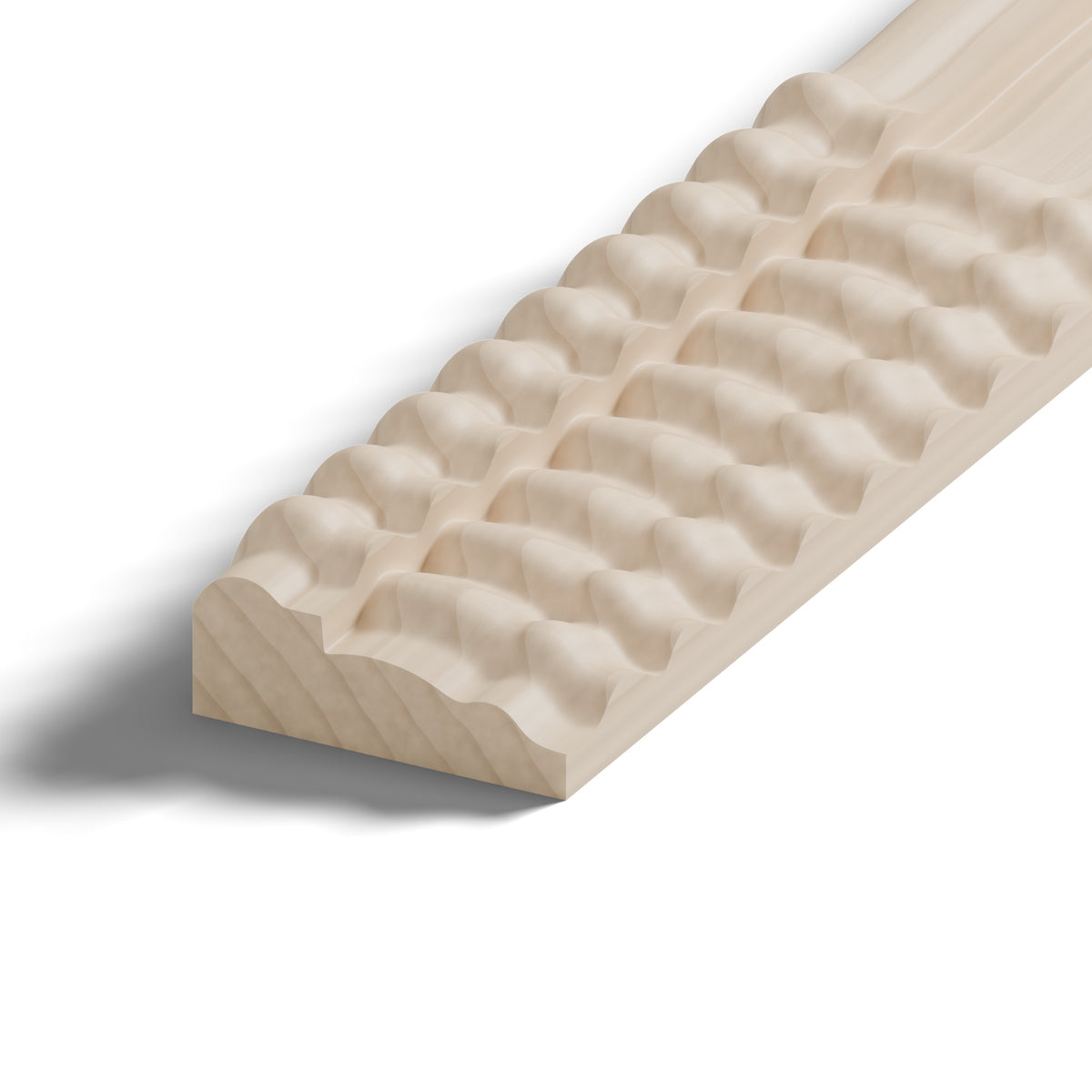 Ripple molding #212-28 in raw hard maple, close-up of the end, showing the profile