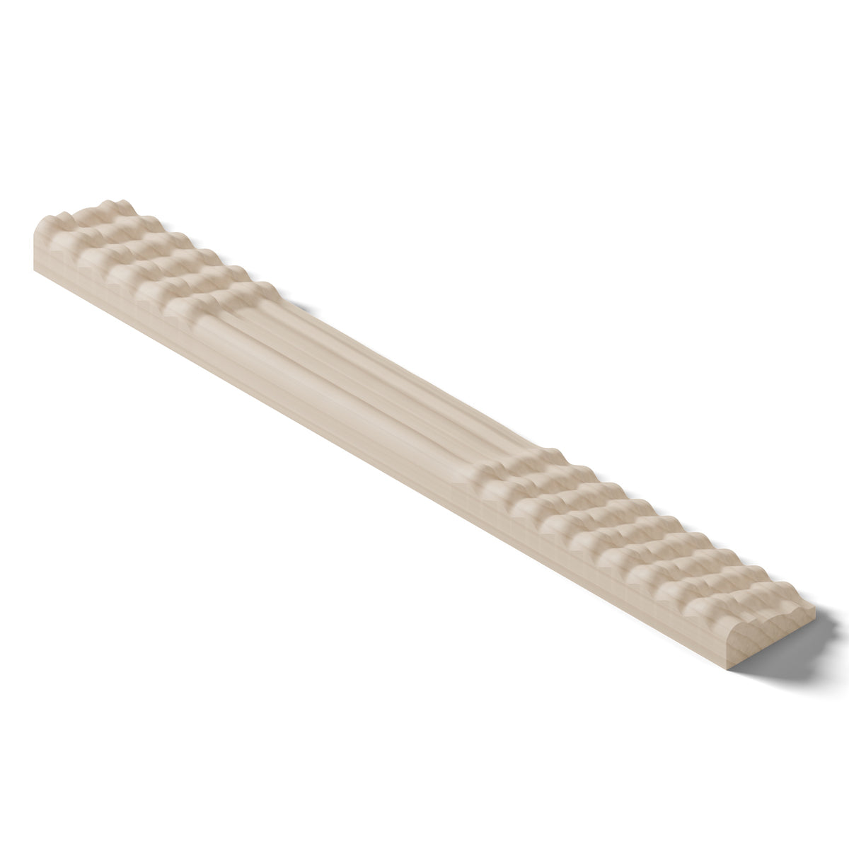 Ripple molding #212-28 in raw hard maple, isometric view from the back edge