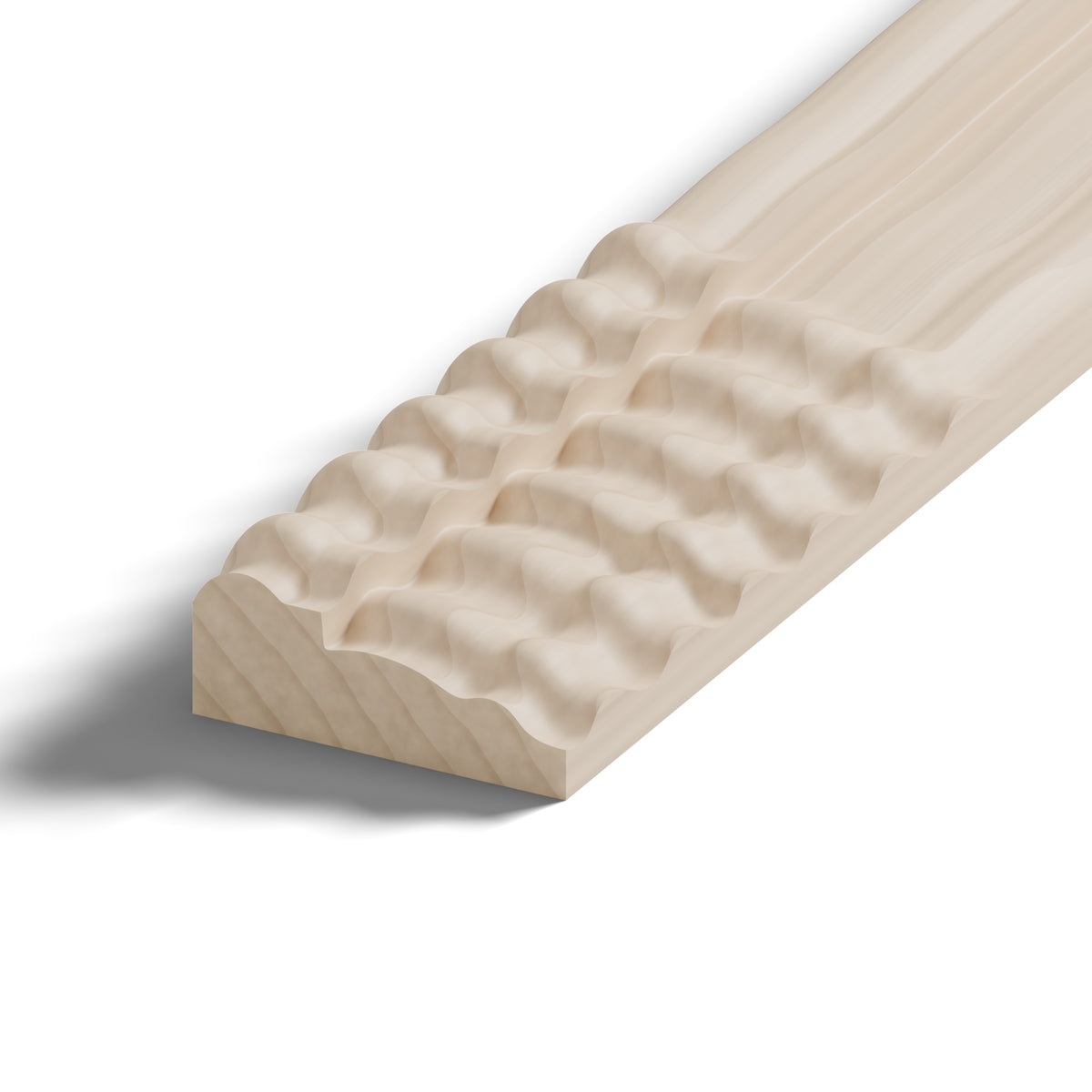 Ripple molding #212-31 in raw hard maple, close-up of the end, showing the profile