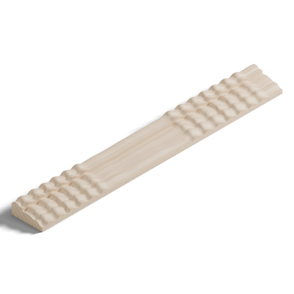 Ripple molding #212-31 in raw hard maple, isometric view from the sight edge