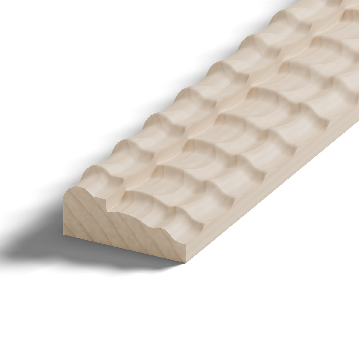 Ripple molding #212-52 in raw hard maple, close-up of the end, showing the profile