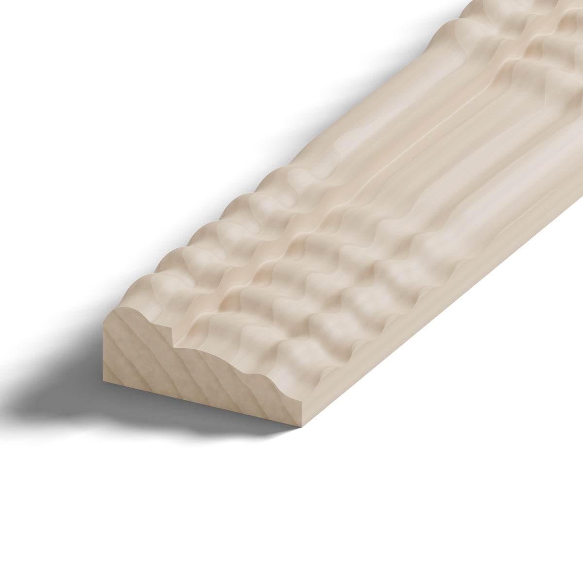 Ripple molding #212-70 in raw hard maple, close-up of the end, showing the profile