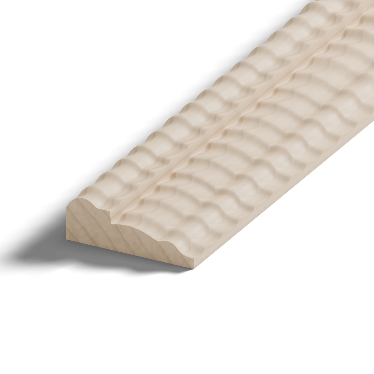 Ripple molding #212-71 in raw hard maple, close-up of the end, showing the profile
