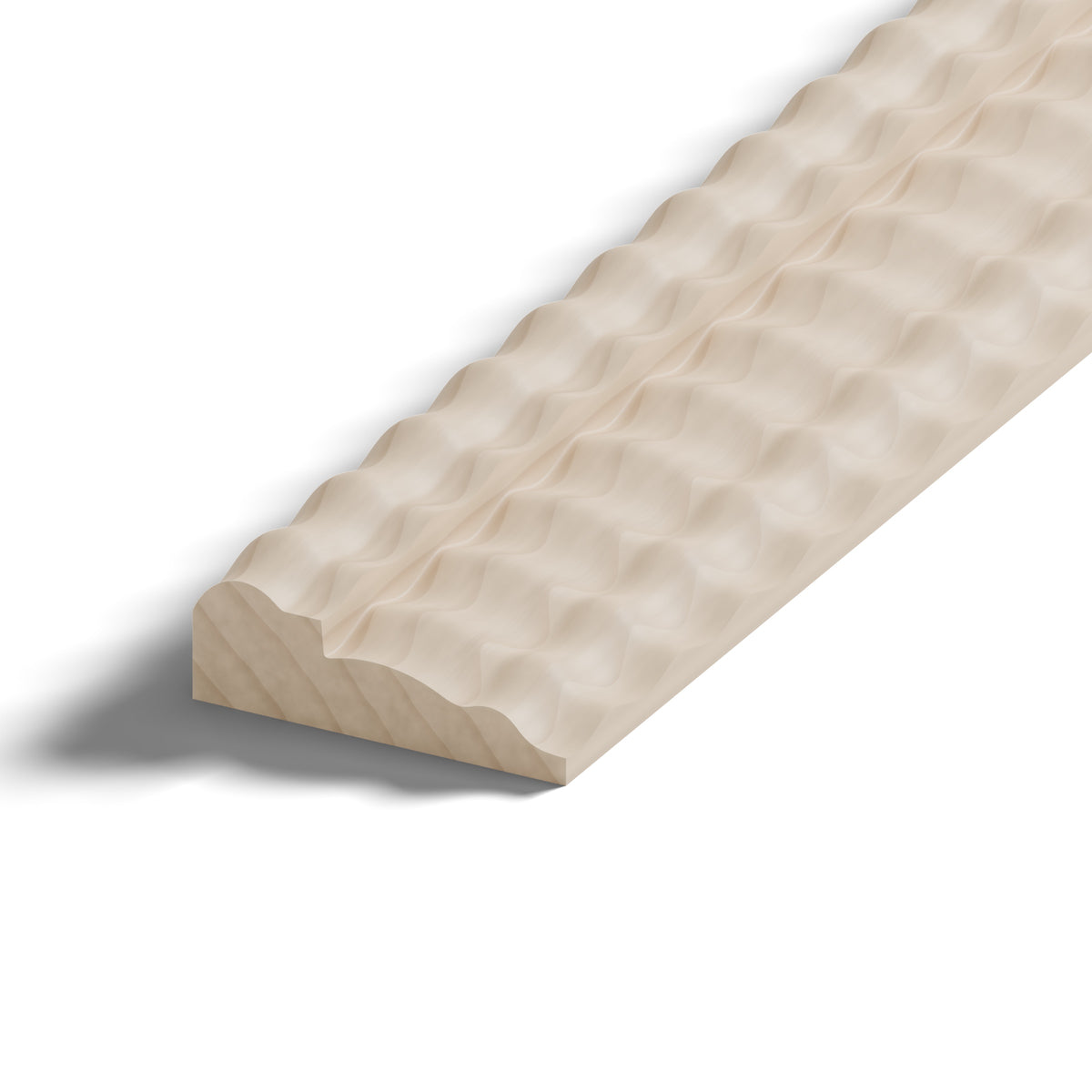 Ripple molding #212-76 in raw hard maple, close-up of the end, showing the profile