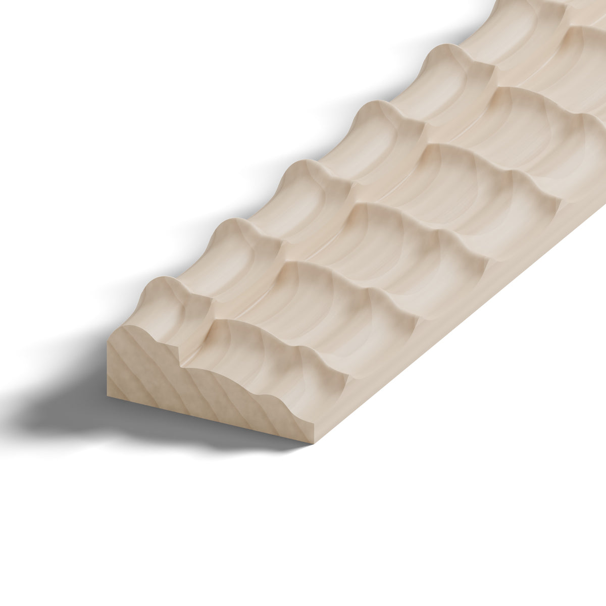 Ripple molding #212-77 in raw hard maple, close-up of the end, showing the profile