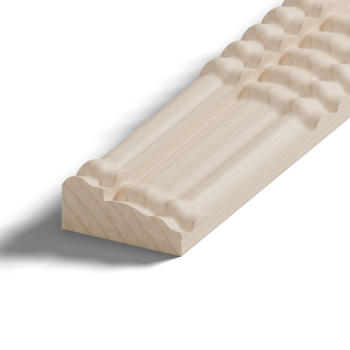Ripple molding #212-84 in raw hard maple, close-up of the end, showing the profile