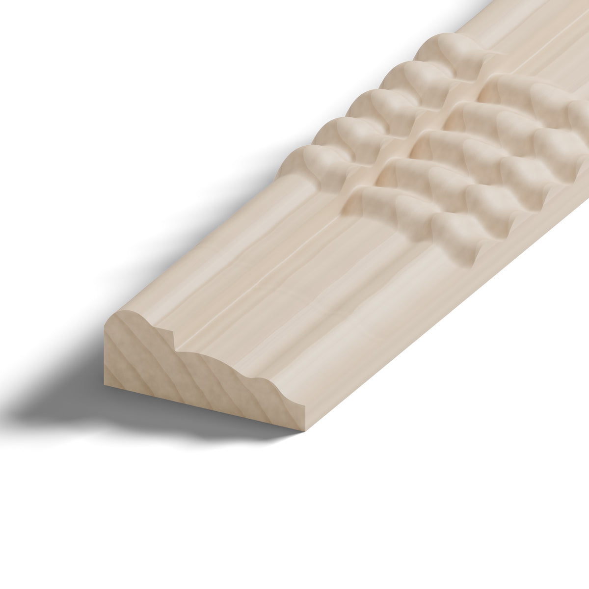 Ripple molding #212-85 in raw hard maple, close-up of the end, showing the profile