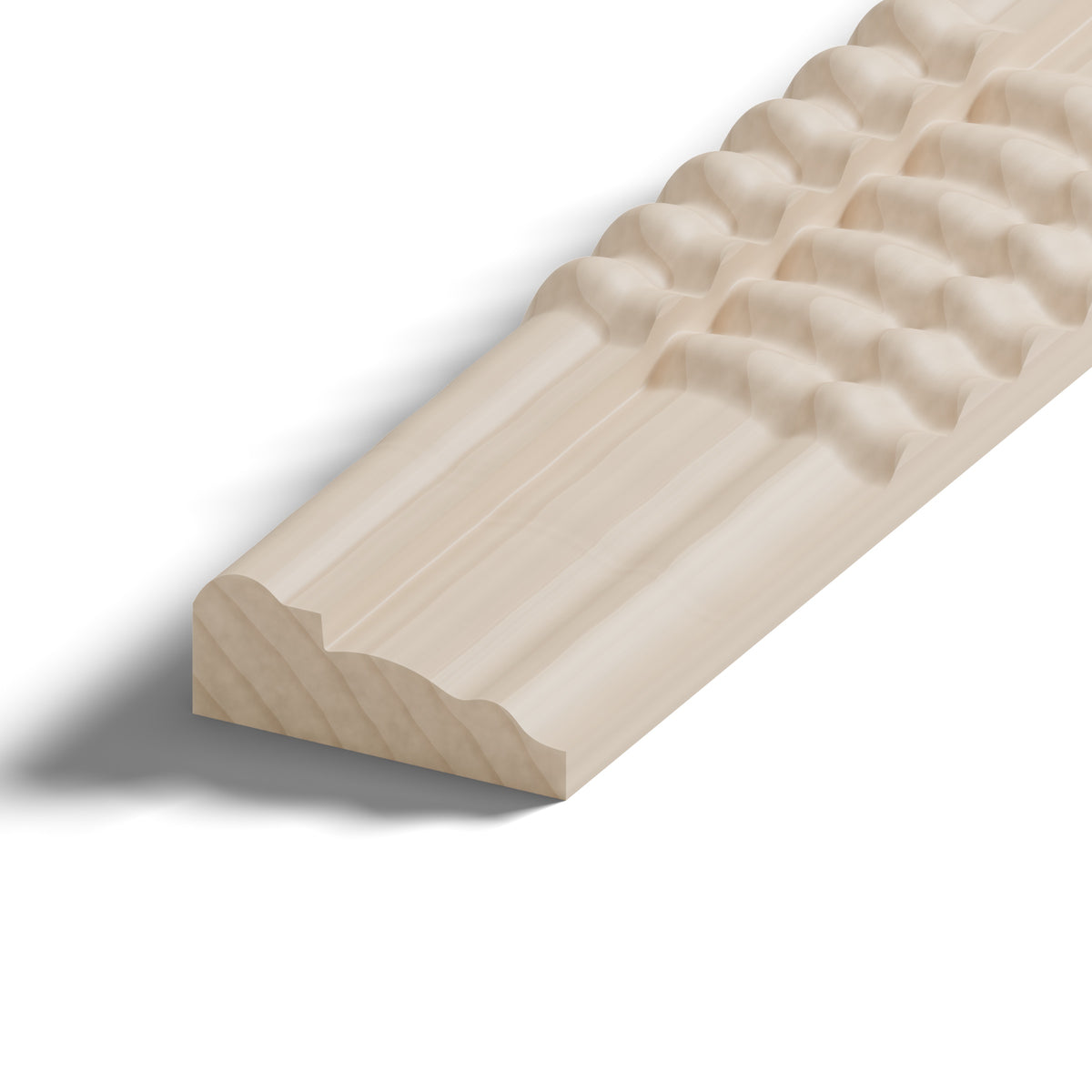 Ripple molding #212-86 in raw hard maple, close-up of the end, showing the profile