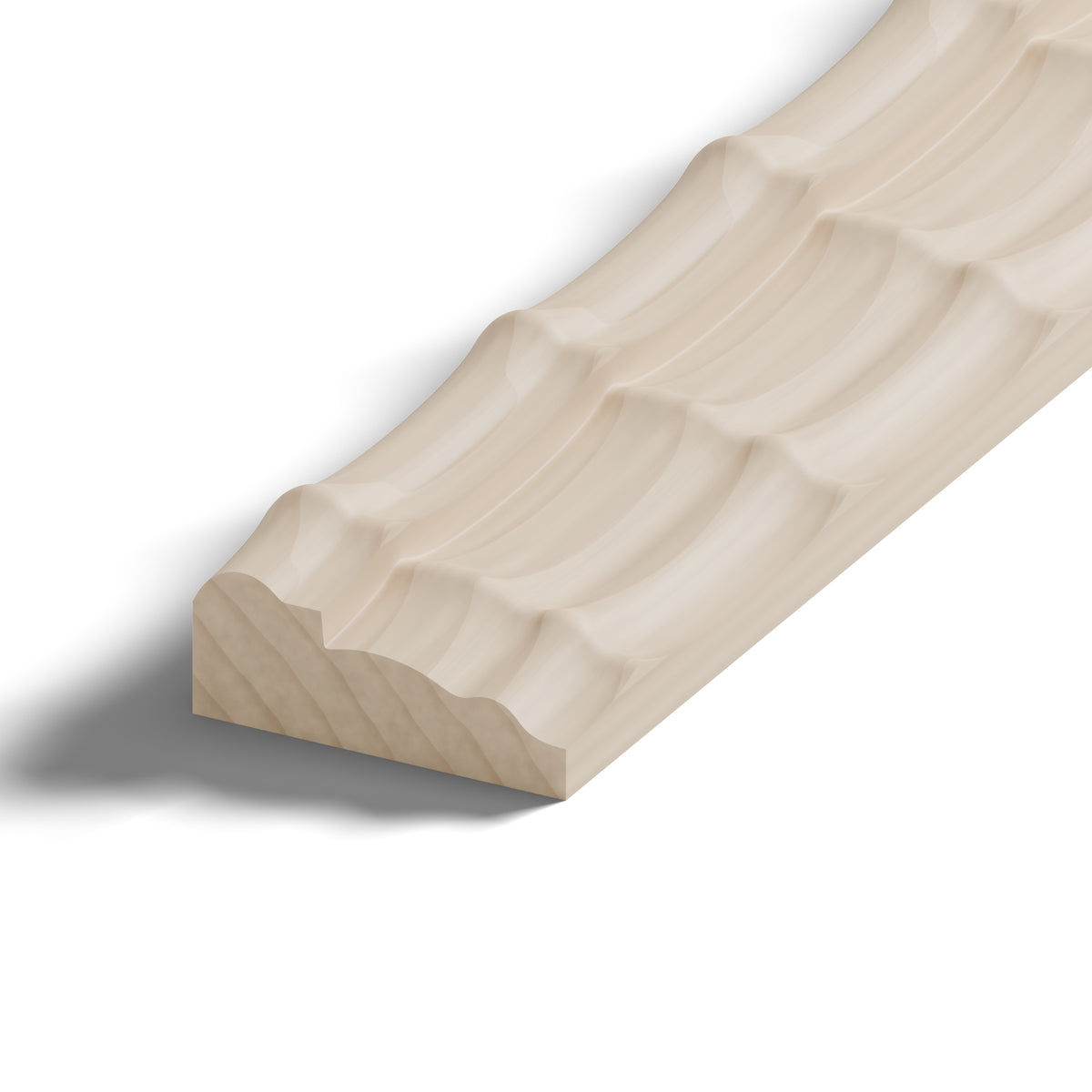 Ripple molding #212-93 in raw hard maple, close-up of the end, showing the profile