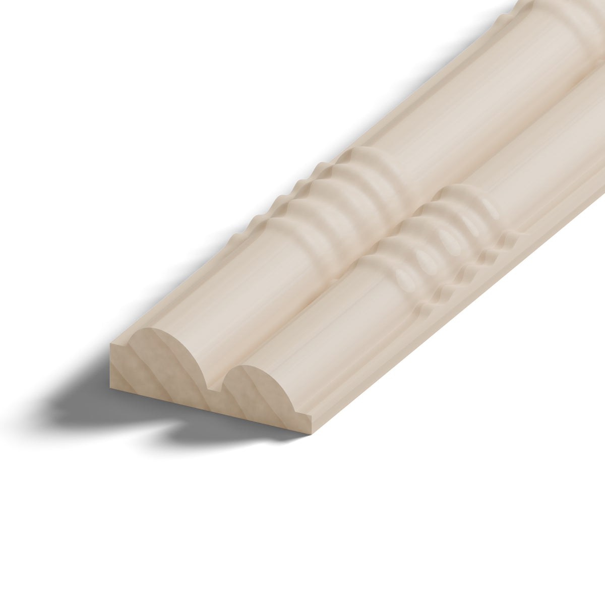 Ripple molding #234-10 in raw hard maple, 6 inch length, close-up of the end, showing the profile