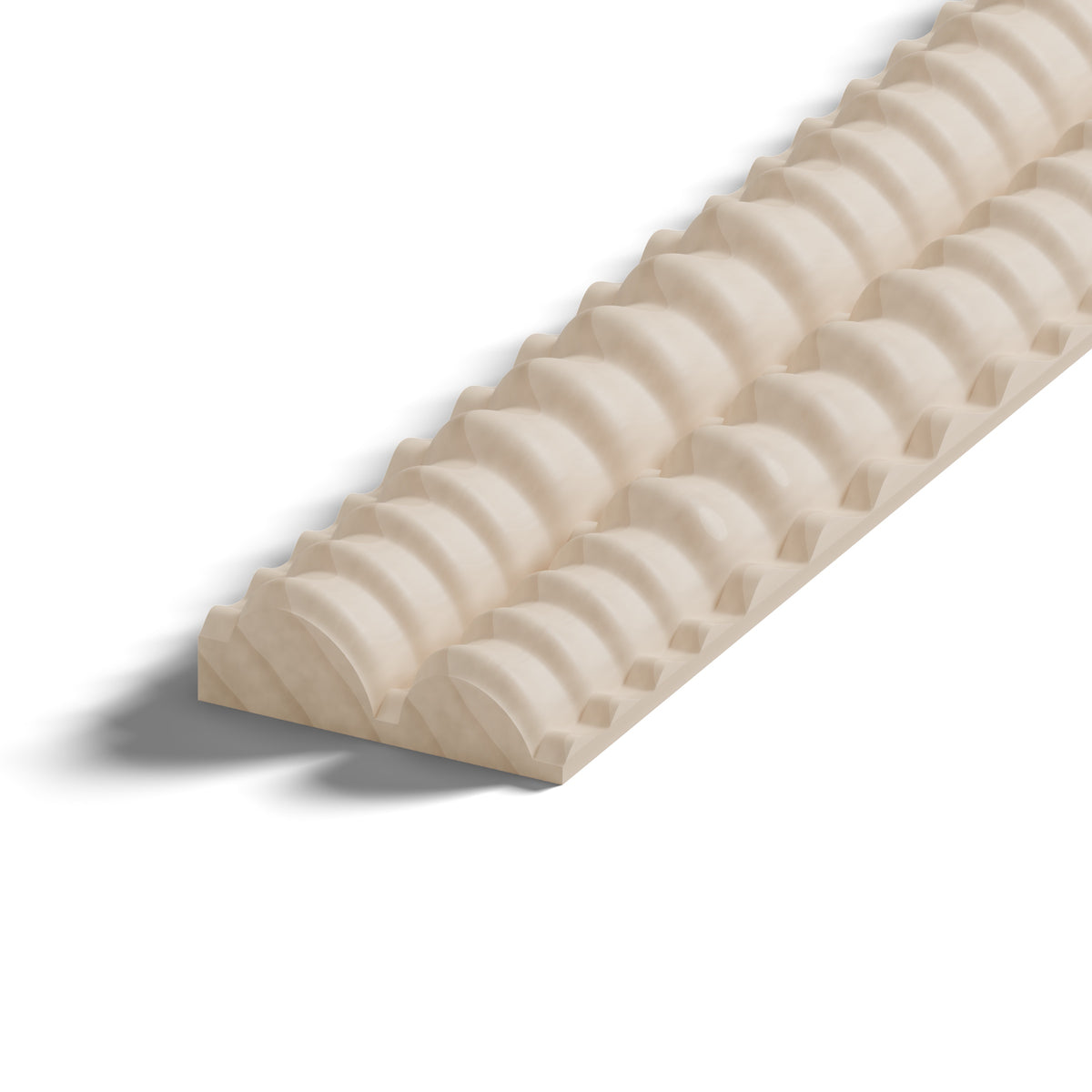 Ripple molding #234-11 in raw hard maple, 6 inch length, close-up of the end, showing the profile