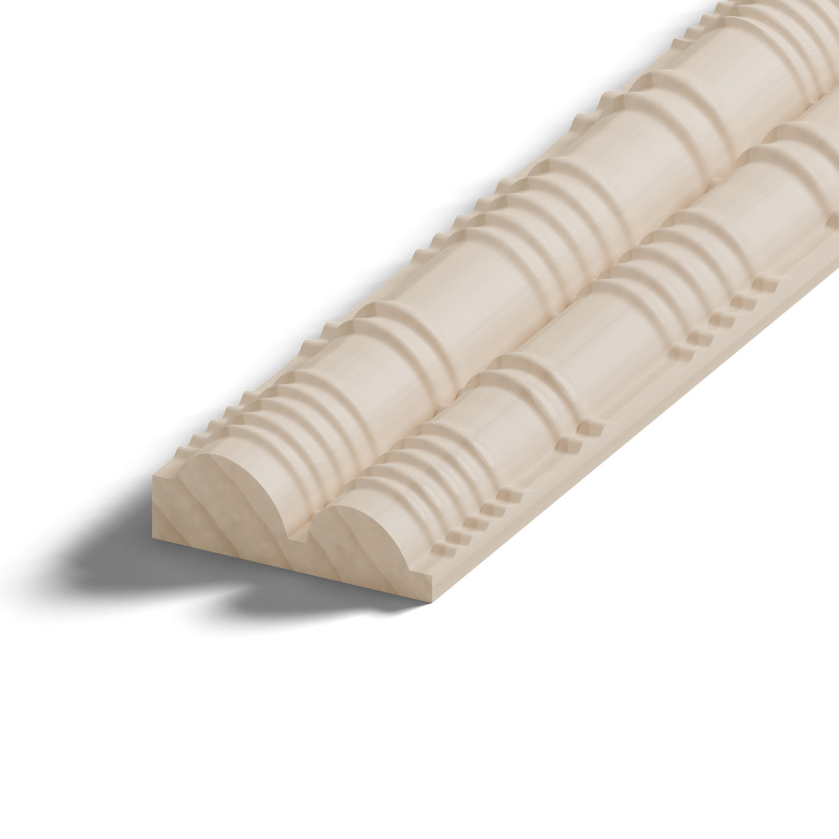 Ripple molding #234-14 in raw hard maple, 6 inch length, close-up of the end, showing the profile