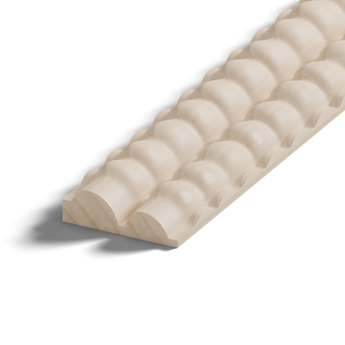Ripple molding #234-29 in raw hard maple, 6 inch length, close-up of the end, showing the profile