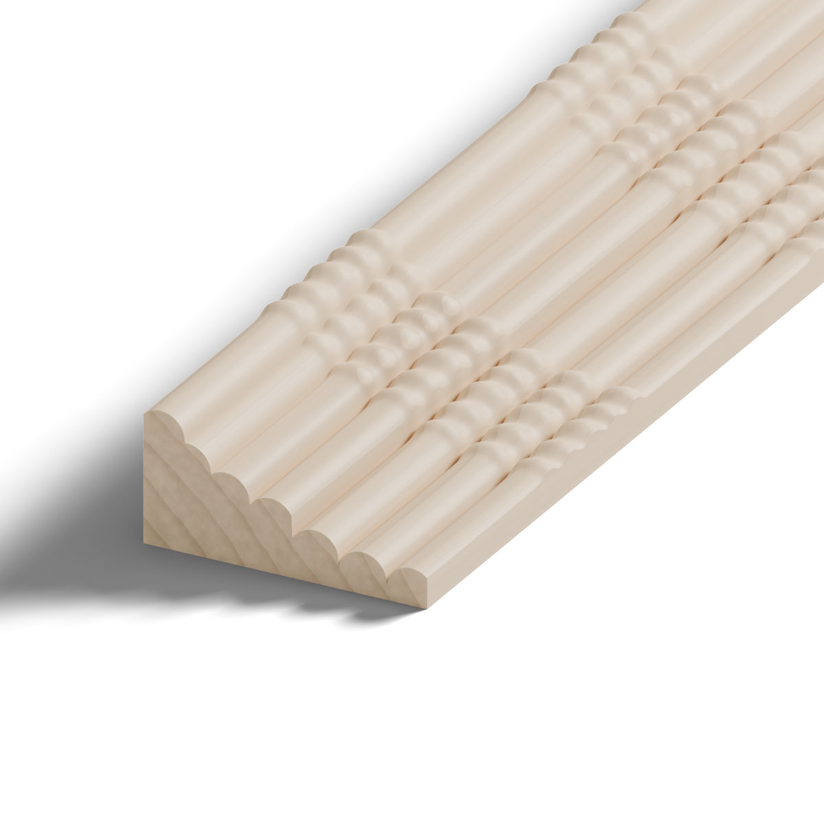 Ripple molding #235-10 in raw hard maple, 6 inch length, close-up of the end, showing the profile
