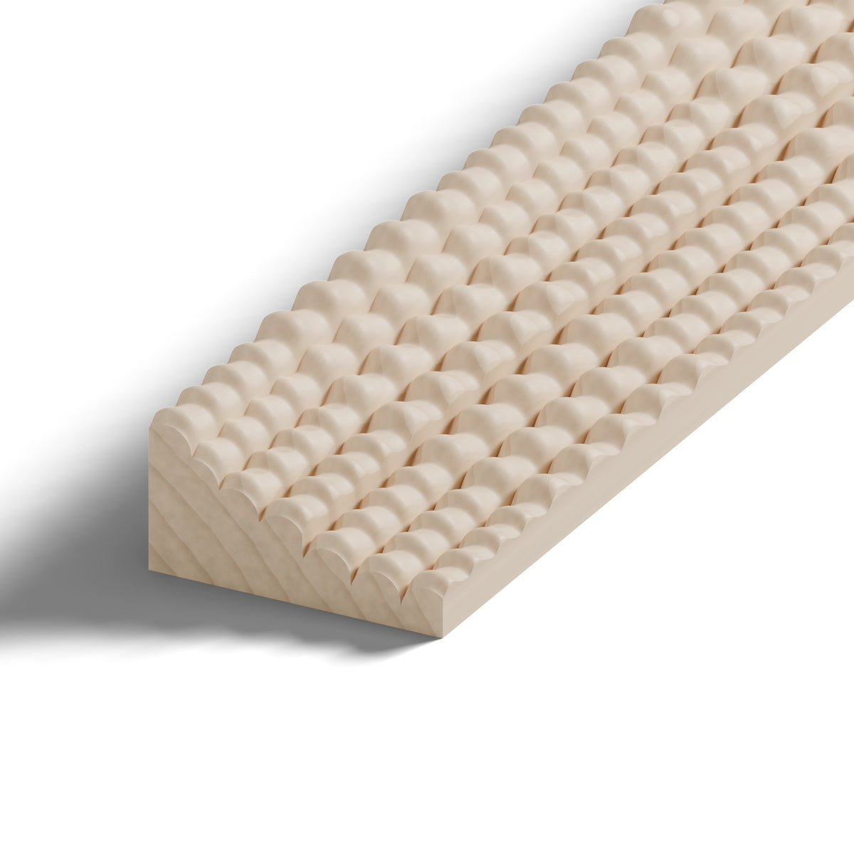 Ripple molding #235-11 in raw hard maple, 6 inch length, close-up of the end, showing the profile