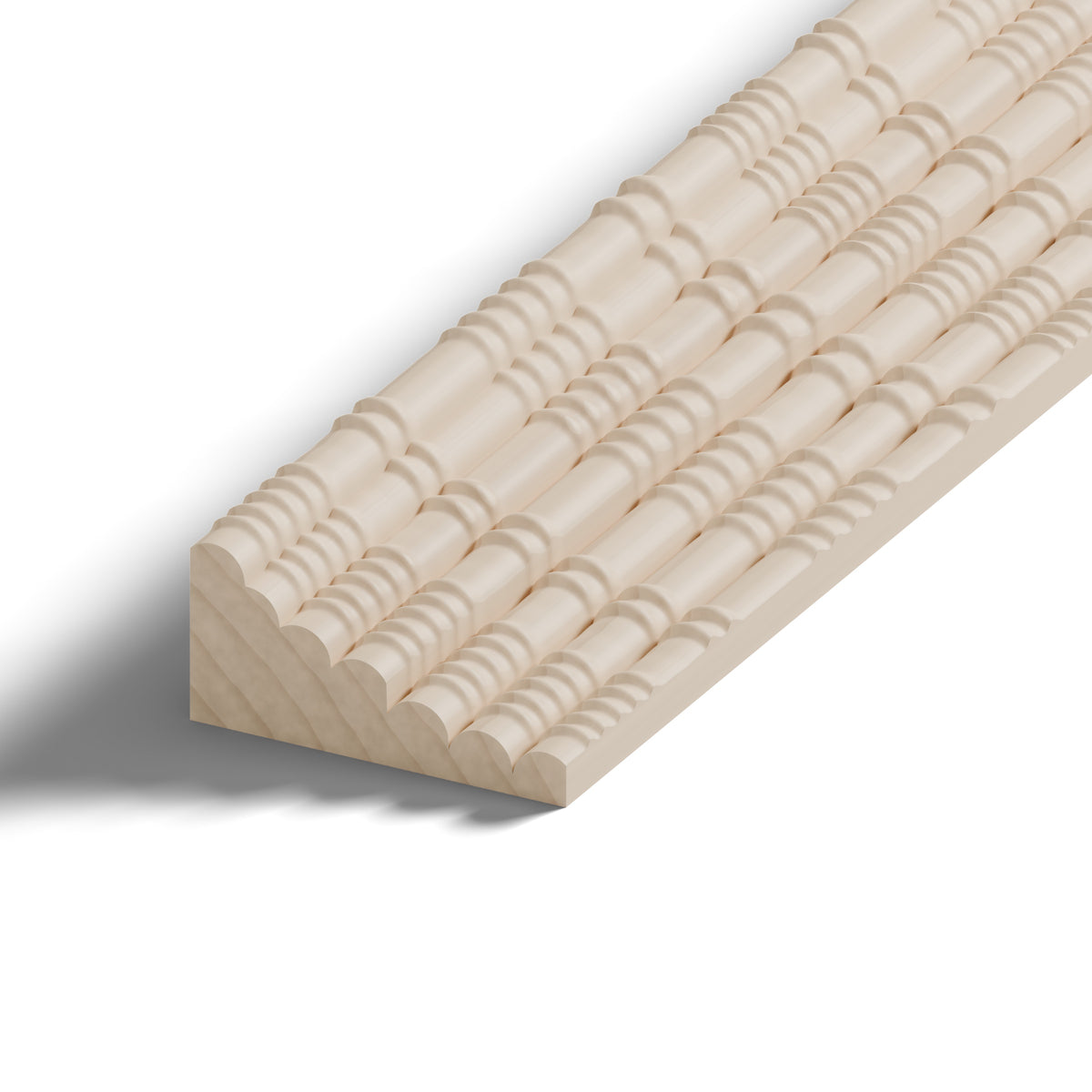 Ripple molding #235-14 in raw hard maple, 6 inch length, close-up of the end, showing the profile