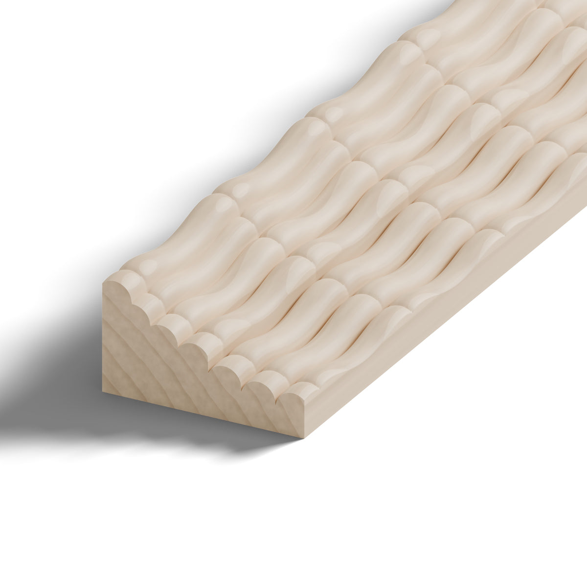 Ripple molding #235-23 in raw hard maple, 6 inch length, close-up of the end, showing the profile