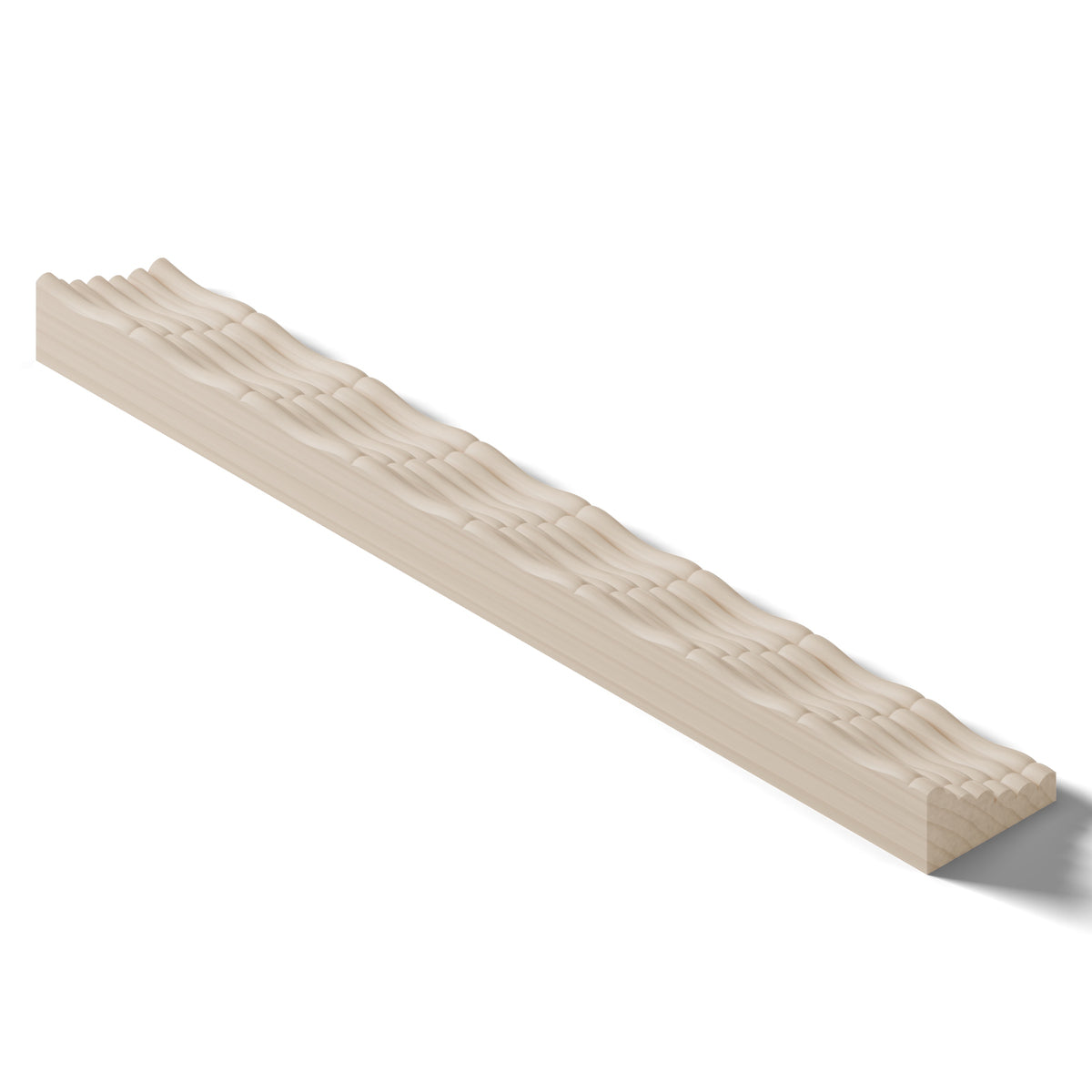 Ripple molding #235-23 in raw hard maple, 6 inch length, isometric view from the back edge