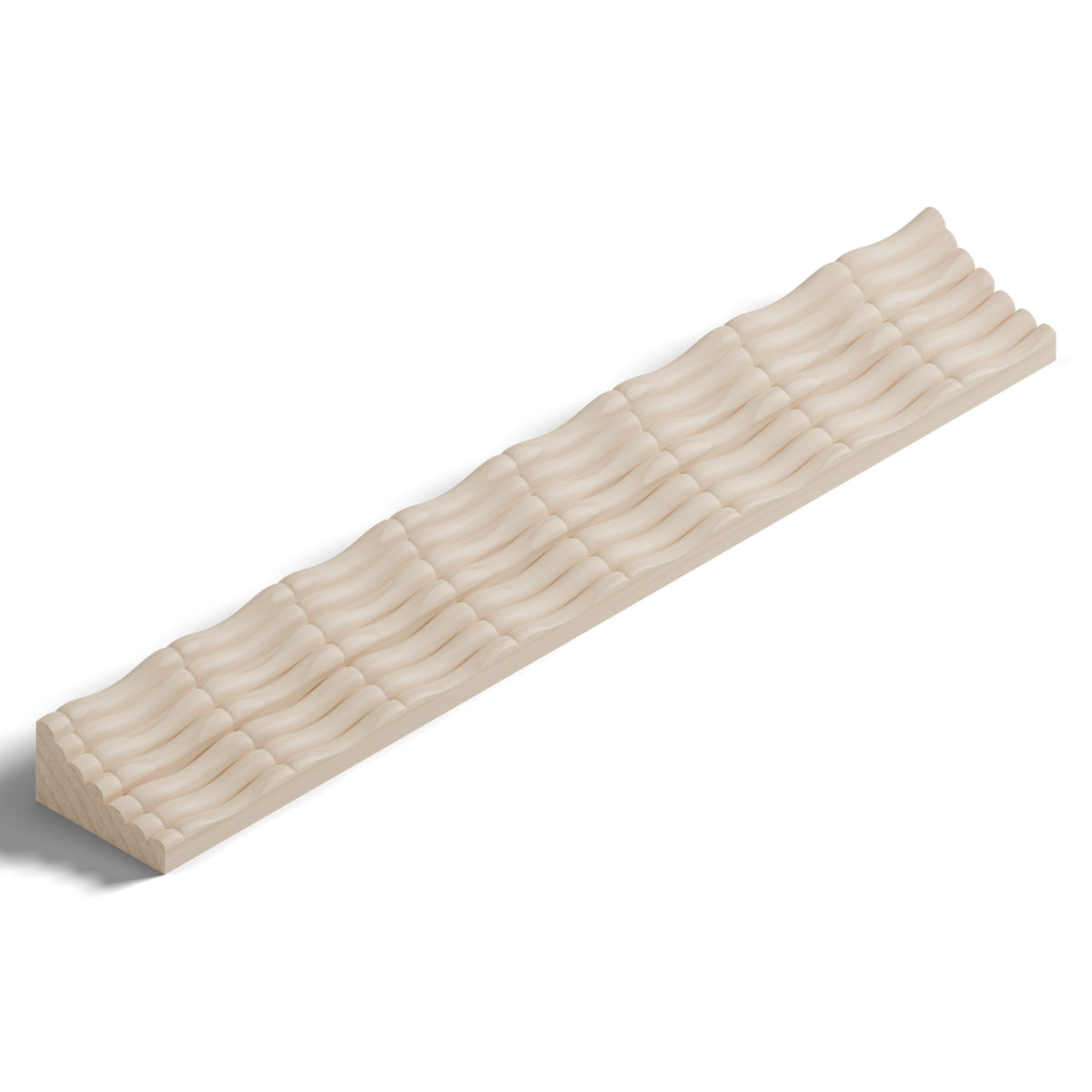 Ripple molding #235-23 in raw hard maple, 6 inch length, isometric view from the sight edge