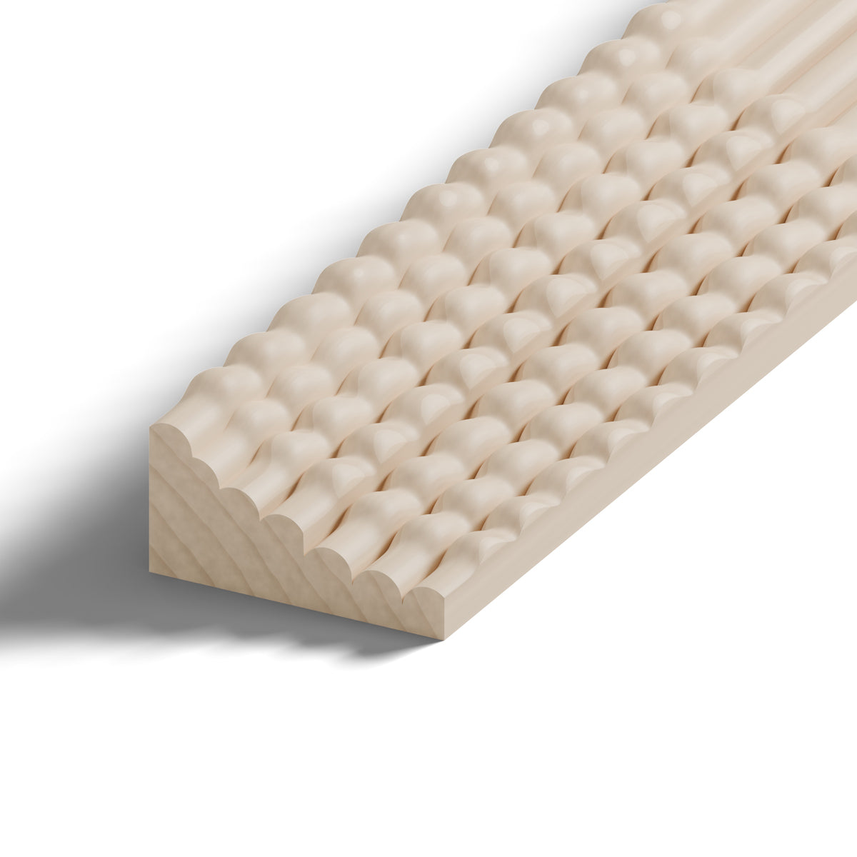 Ripple molding #235-29 in raw hard maple, 6 inch length, close-up of the end, showing the profile
