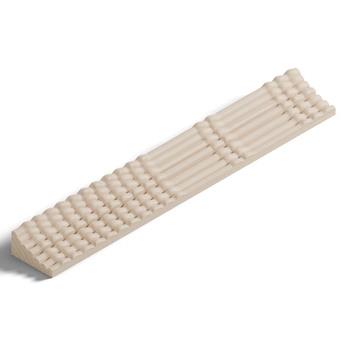 Ripple molding #235-29 in raw hard maple, 6 inch length, isometric view from the sight edge