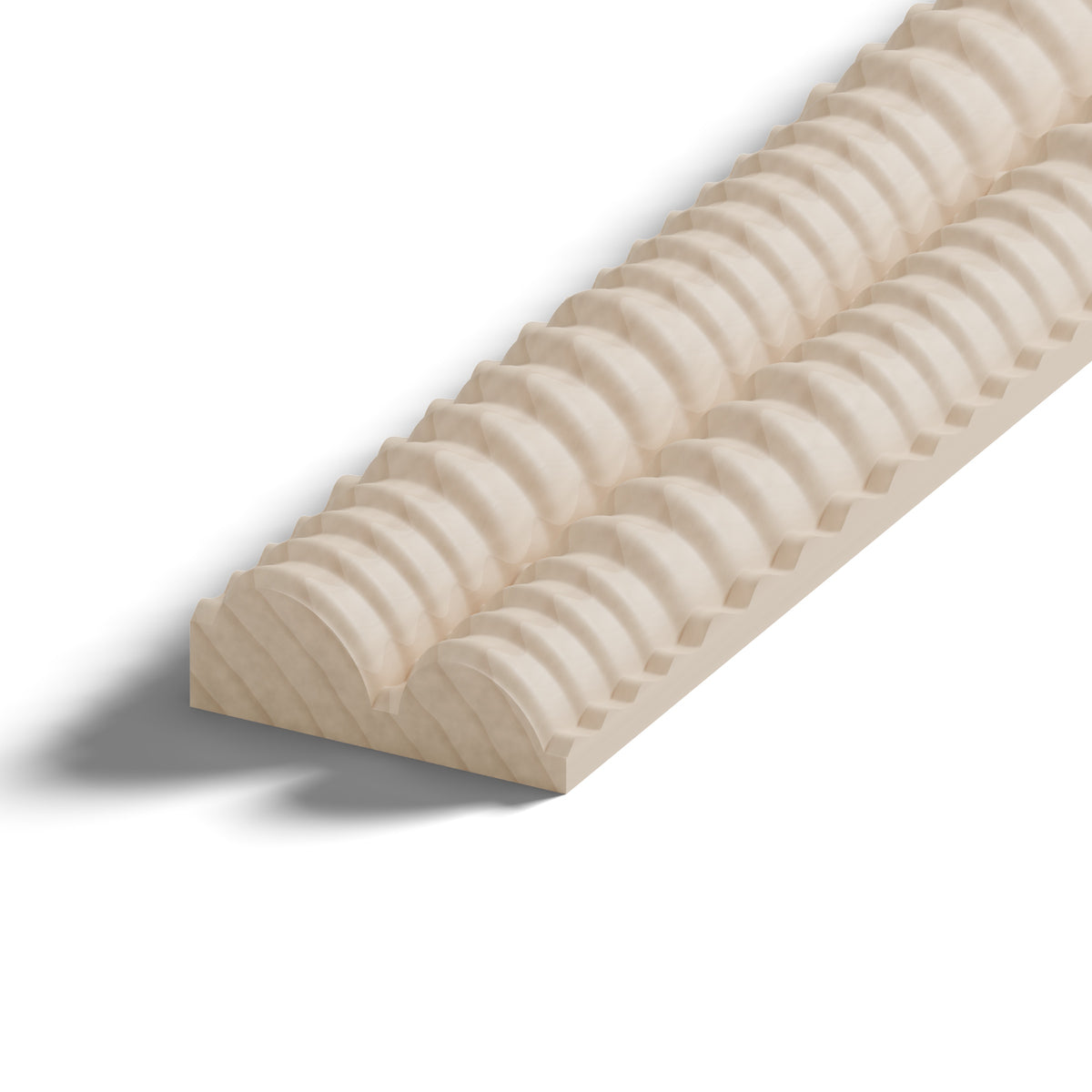 Ripple molding #236-11 in raw hard maple, 6 inch length, close-up of the end, showing the profile