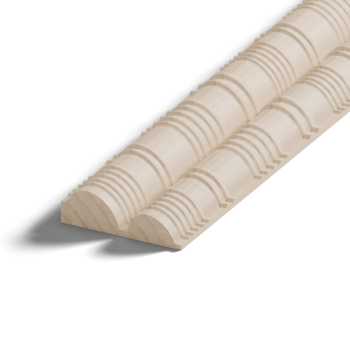 Ripple molding #236-14 in raw hard maple, 6 inch length, close-up of the end, showing the profile