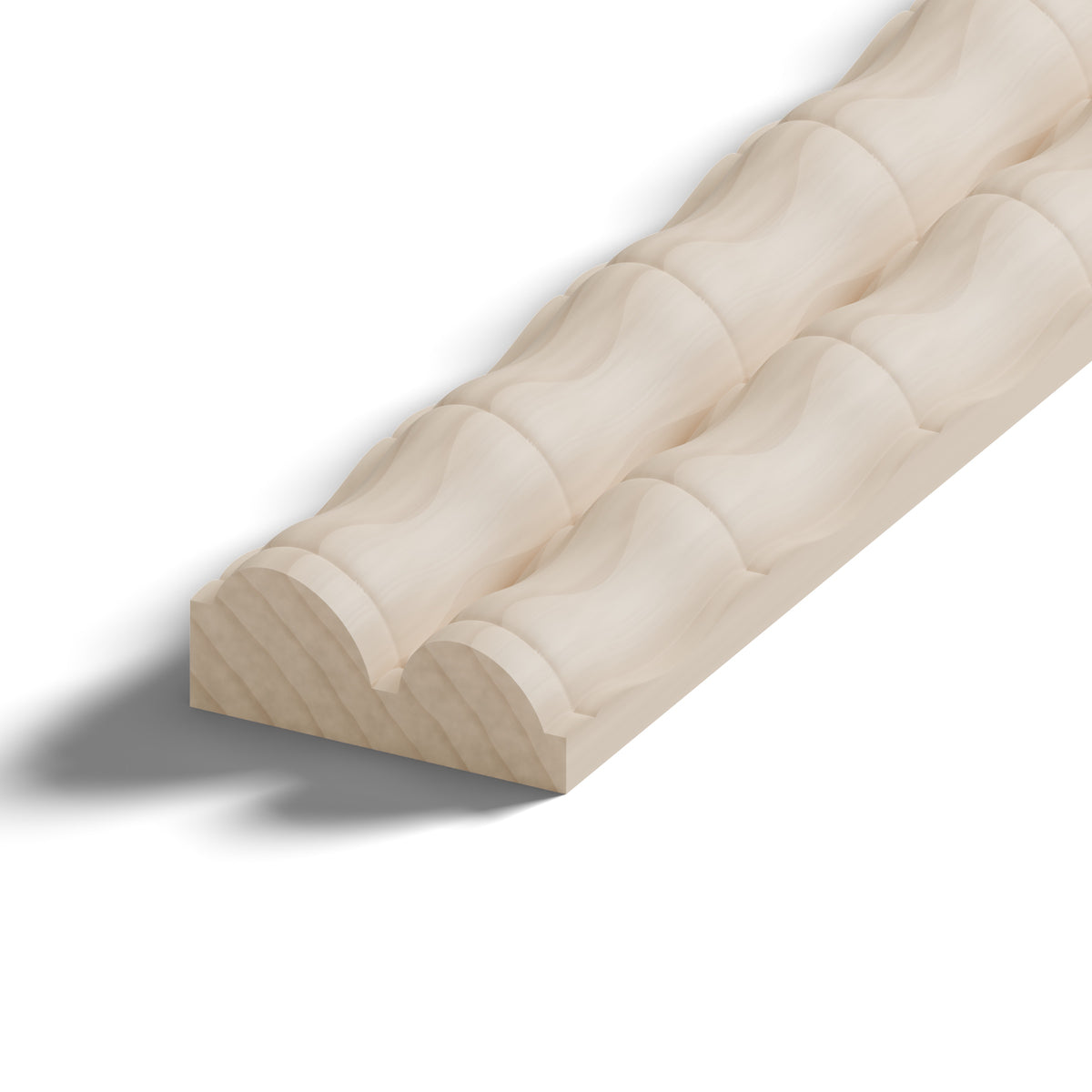 Ripple molding #236-23 in raw hard maple, 6 inch length, close-up of the end, showing the profile