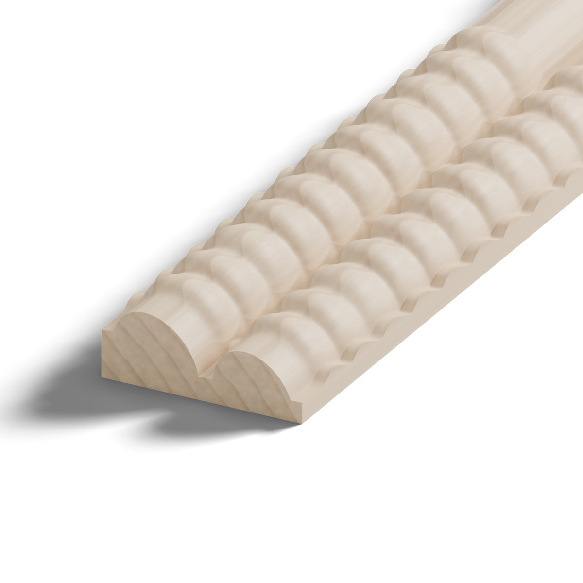 Ripple molding #236-29 in raw hard maple, 6 inch length, close-up of the end, showing the profile