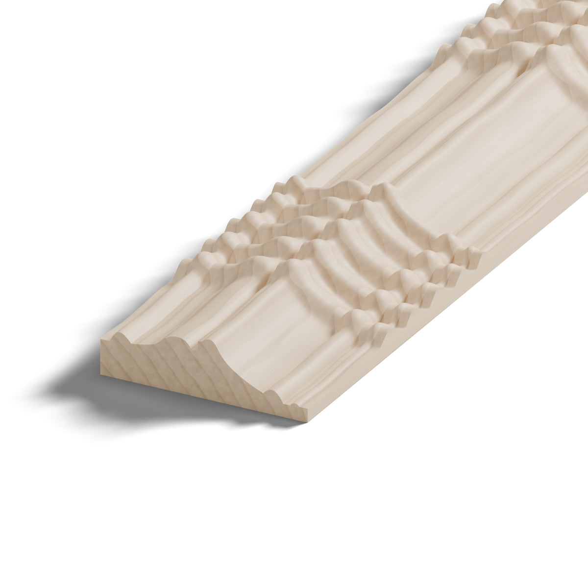 Ripple molding #424-21 in raw hard maple, close-up of the end, showing the profile