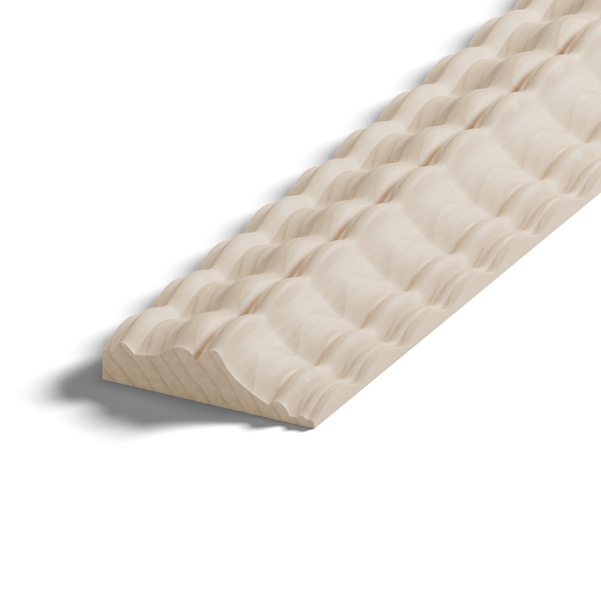 Ripple molding #424-22 in raw hard maple, close-up of the end, showing the profile