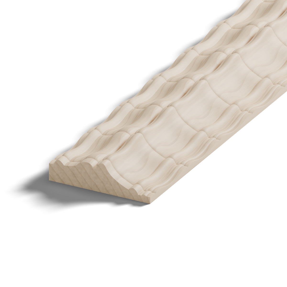 Ripple molding #424-23 in raw hard maple, close-up of the end, showing the profile