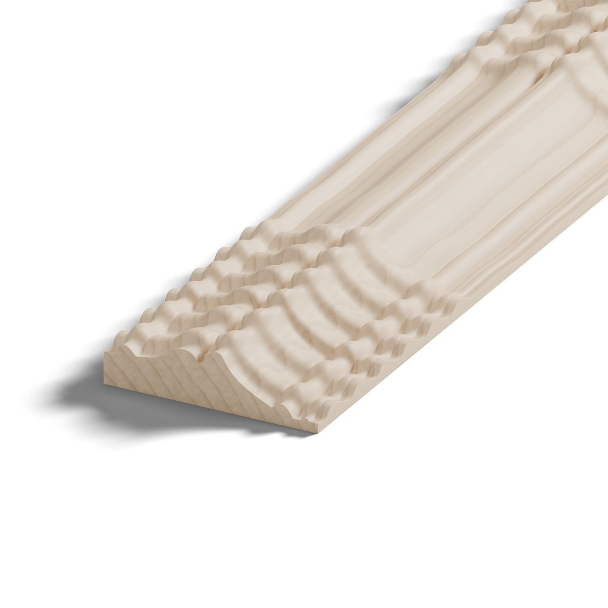Ripple molding #424-31 in raw hard maple, close-up of the end, showing the profile