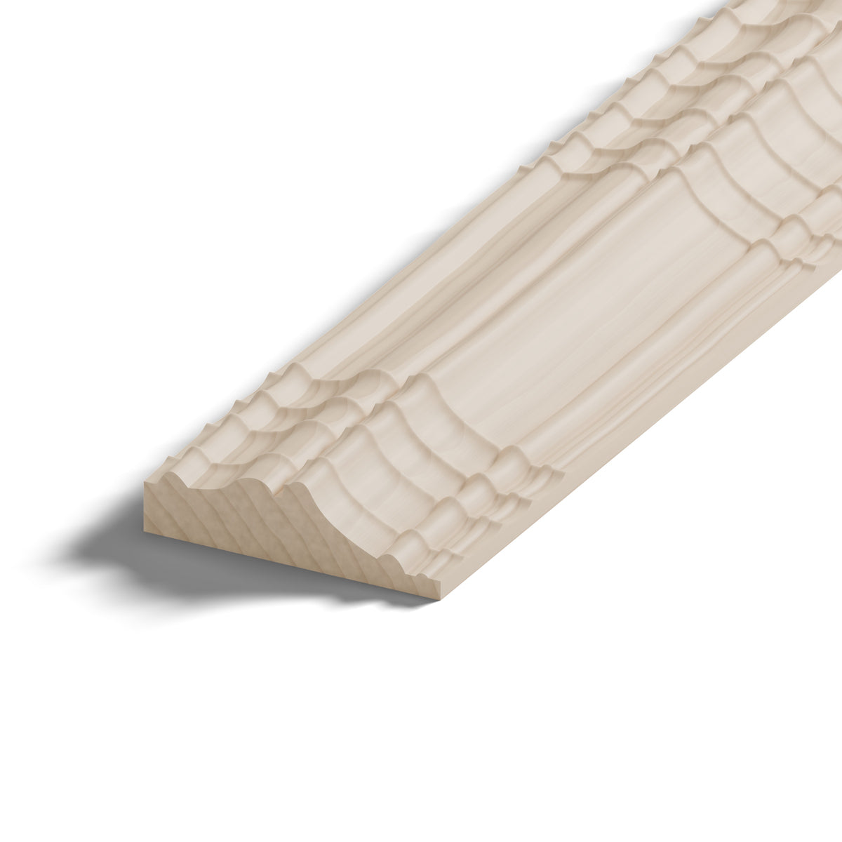 Ripple molding #424-44 in raw hard maple, close-up of the end, showing the profile