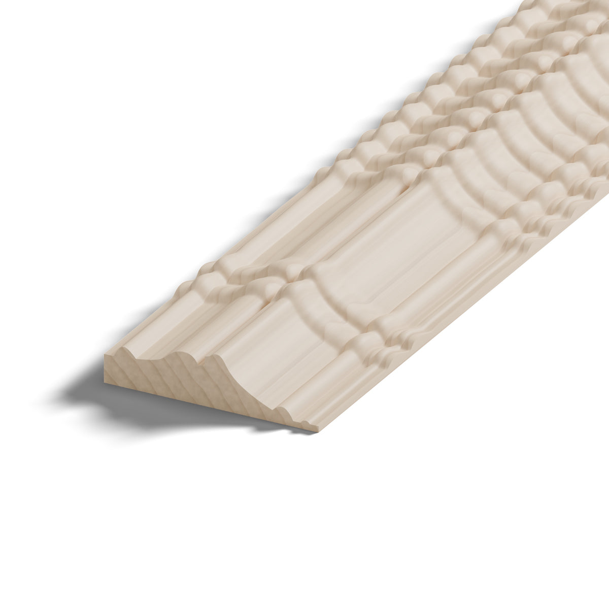 Ripple molding #424-46 in raw hard maple, close-up of the end, showing the profile